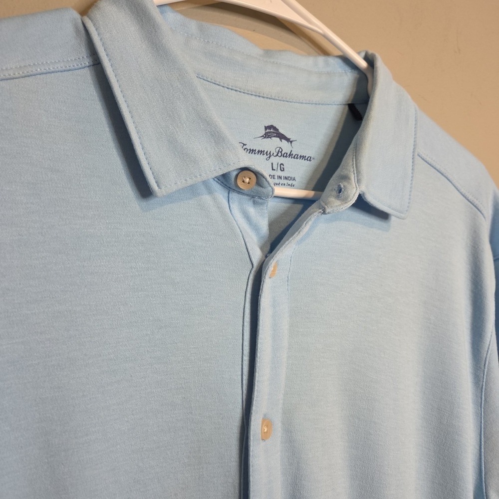 Tommy Bahama Shirt Mens Large Blue Short Sleeve Button Down Jersey Knit Casual
